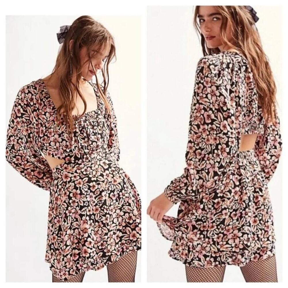 Free People Jael Black Pink Floral Open Back Cutout Mini Dress Size L